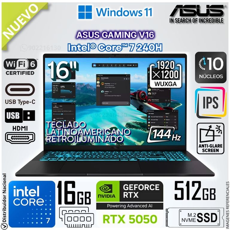 Laptop Gamer V16 V3607VH-TK132W 16" WUXGA IPS Intel® Core™ 7 240H 16GB RAM 512GB SSD RTX™ 5050
