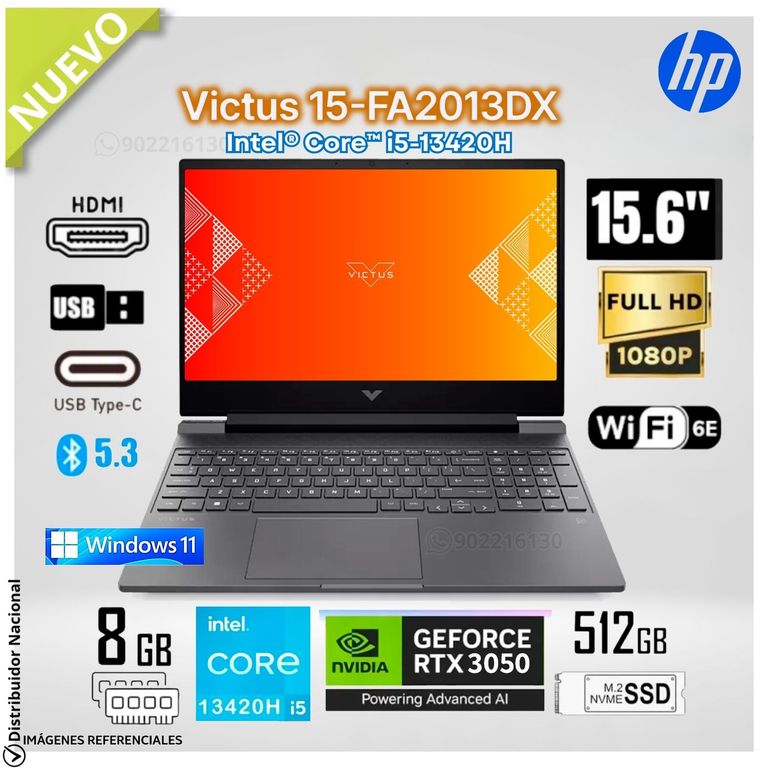 Laptop Gamer Victus 15-FA2013DX Intel Core i5 13420H 8GB RAM 512GB SSD RTX 3050 6GB 15.6" FHD B95WHUA#ABA