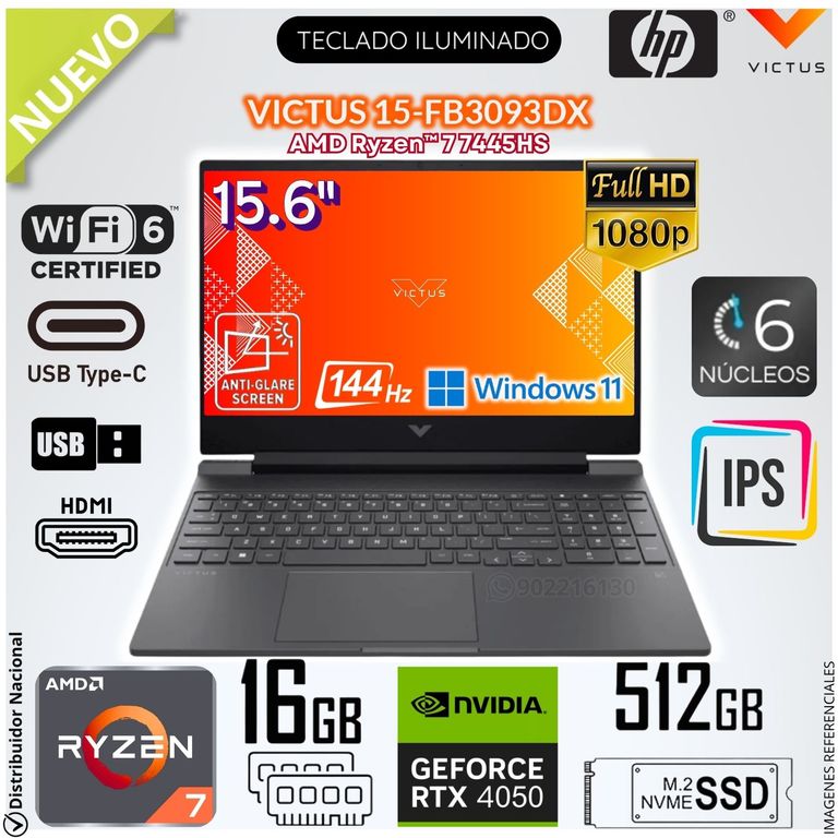 Laptop Gamer VICTUS 15-FB3093DX 15.6" FULL HD 144Hz AMD Ryzen™ 7 7445HS RTX™ 4050 16GB RAM 512GB SSD BM4X8UA