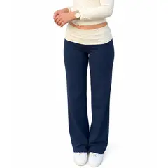 GENERICO - Pantalón Largo Recto con Pretina Ancha Doblada para Mujer - Azul Marino y Blanco