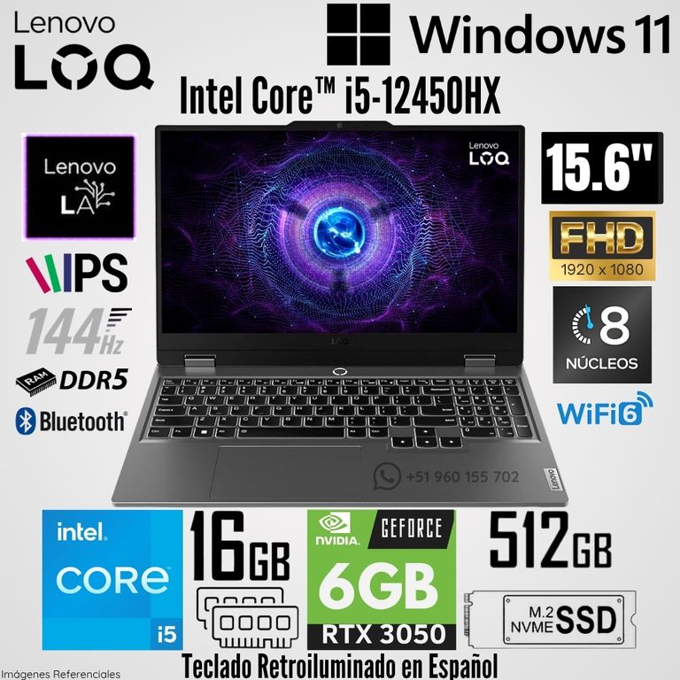 Laptop LOQ 15IAX Intel Core i5-12450HX 16GB RAM 512GB SSD RTX 3050-6GB 15.6" FHD 144 Hz