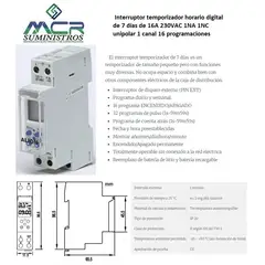 ALION - Interruptor temporizador horario digital 7 días 16A 230VAC 1NA 1NC unipolar 1canal 16programaciones