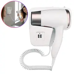 SEISA - Secadora de Cabello para Baño y Habitación Hoteles con Soporte de Pared y Cargador 5V USB
