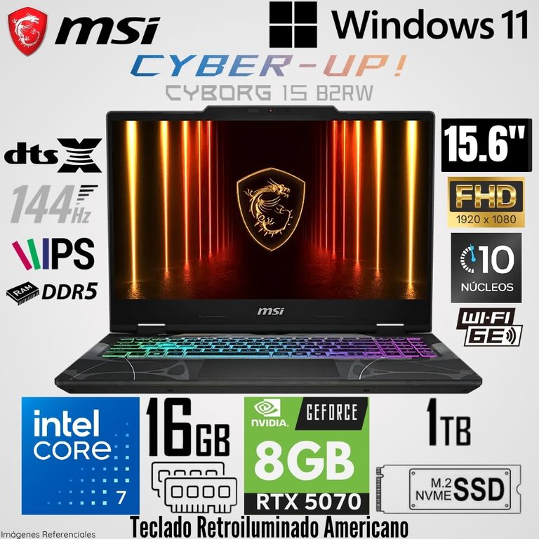 Laptop Cyborg 15 B2RWGKG Intel Core 7 240H 16GB RAM 1TB SSD RTX 5070-8GB 15.6" FHD 144 Hz