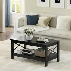 ROHE - Mesa de Centro Rectangular Negra con Estantes Abiertos Adecuada para la Decoración del Hogar