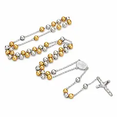 GENERICO - Rosario Bicolor 6mm Acero Inoxidable Oro y Plata Unisex Cruz Católica