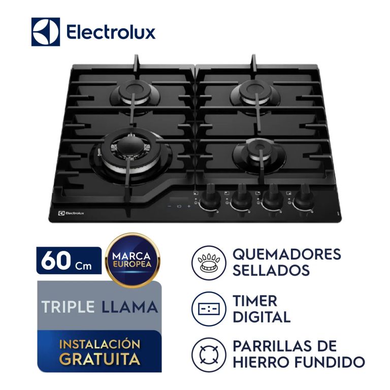 Encimera a gas 4 hornillas 60cm mesa de vidrio KE4CT
