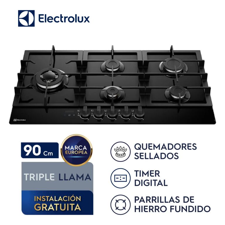 Encimera a gas 5 hornillas 90cm mesa de vidrio KE5DT