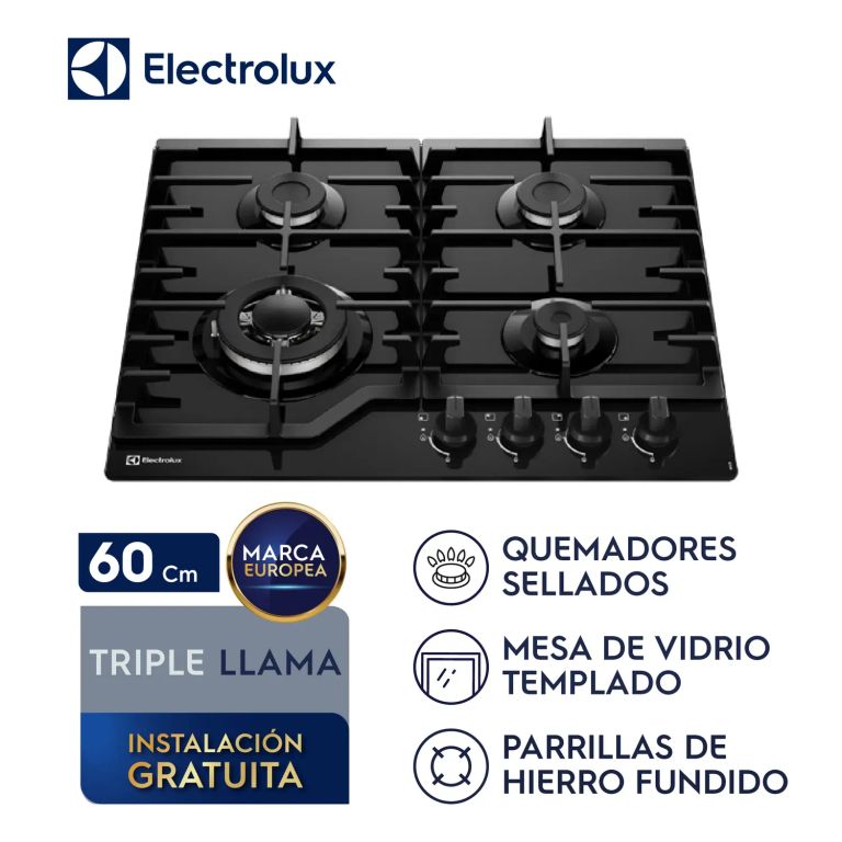Encimera a gas 4 hornillas 60cm mesa de vidrio KE4CB
