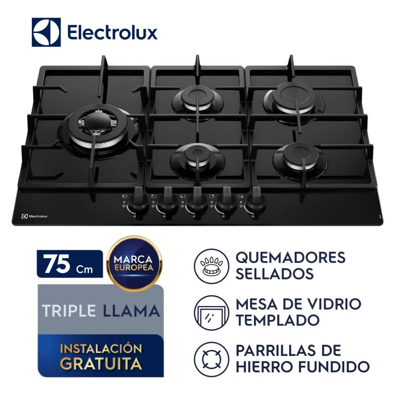 Encimera a gas 5 hornillas 75cm mesa de vidrio KE5CB