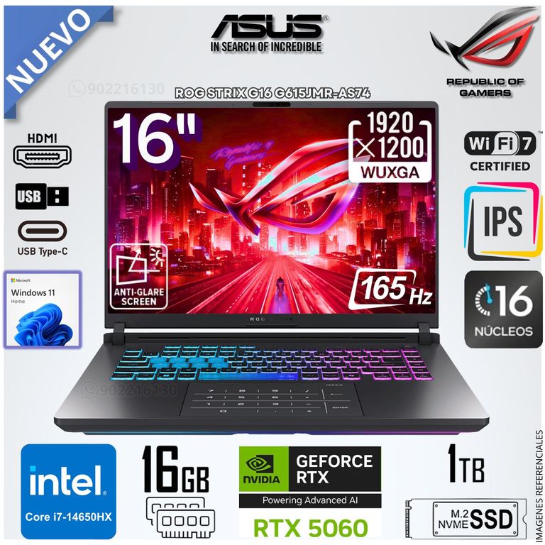 Laptop ROG STRIX G16 G615JMR-AS74 Intel Core i7-14650HX 16GB RAM 1TB SSD GeForce RTX 5060