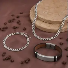 CLEO JOYAS & ACCESORIOS - Set x3 Corsario Plateado Acero Hombre