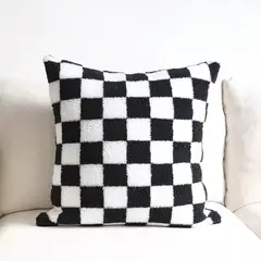 MANYA - Funda Para Cojín de Felpa A Cuadros Blanco y Negro 45 x 45 cm