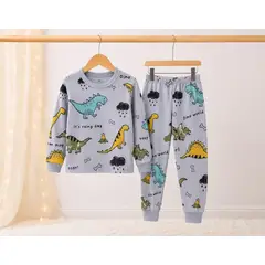 GENERICO - Pijama de Algodon para Niños de Dinosaurios Manga Larga Conjunto Completo Infantil - Celeste