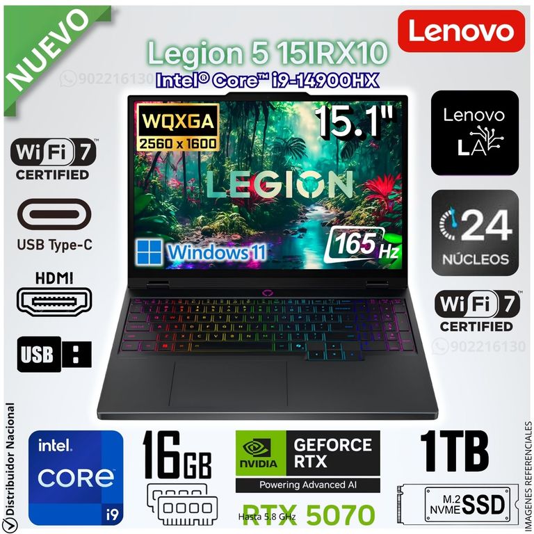 Laptop Gamer Legion 5 15IRX10 15.1" WQXGA OLED Intel® Core™ i9-14900HX RTX™ 5070 16GB RAM 1TB SSD