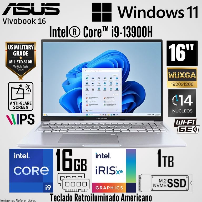 Laptop Vivobook F1605VA-WS96 Intel Core i9-13900H 16GB RAM 1TB SSD 16" WUXGA - Cool Silver