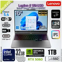 LENOVO - Laptop Gamer LEGION 5 16IAX10 16" WQXGA IPS Intel® Core™ Ultra 9 275HX 32GB DDR 1TB SSD RTX™ 5060 - 83NX0000US