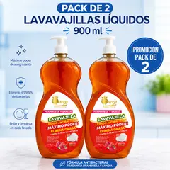 QUEEN - Pack x2 Lavavajillas Líquido Antibacterial 900ml Frambuesa y Sandía Elimina Grasa