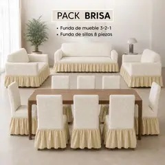 SALA FABULOSA - Pack Mueble 3-2-1 + 8 fundas de sillas catiónico brisa - Crema