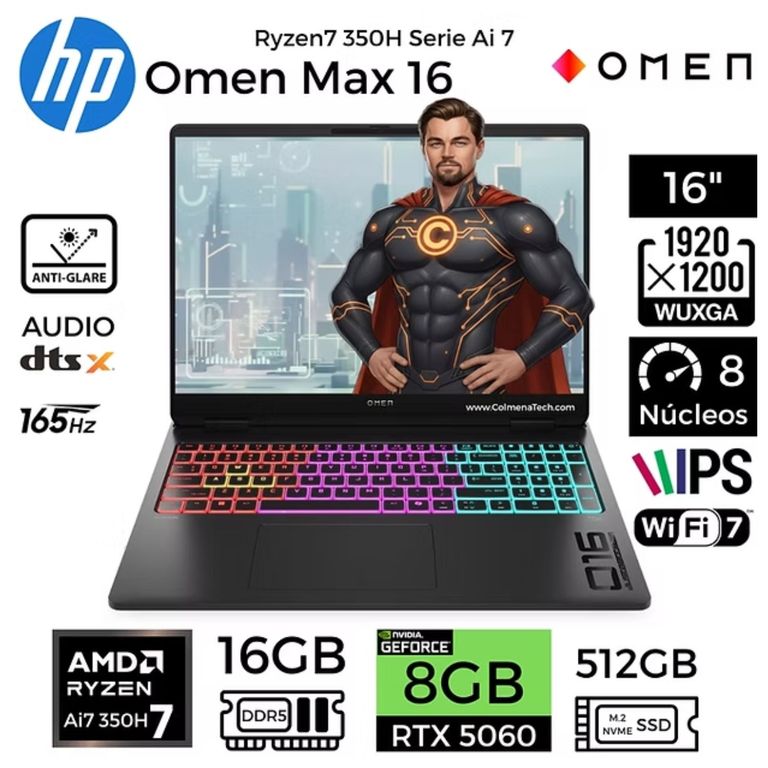 Laptop Gamer OMEN MAX 16-AK0000 16" WUXGA Ryzen™ AI 7-H 350 16GB RAM 512GB SSD RTX™ 5060 A4SL1AV-001