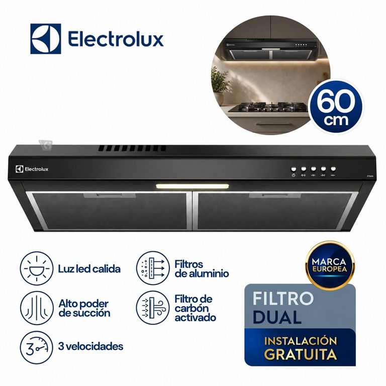 Campana Extractora 60cm Alto Poder de Succión e iluminación LED Negra DE6SB