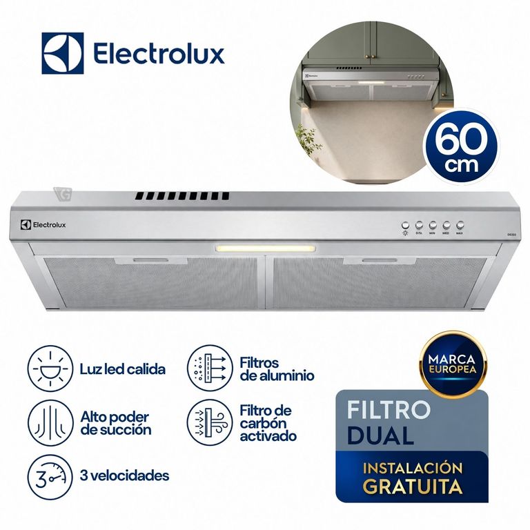 Campana Extractora 60cm Alto Poder de Succión e iluminación LED Inox DE6SS
