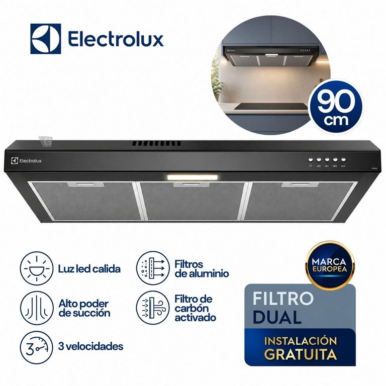 Campana Extractora 90cm Alto Poder de Succión e iluminación LED Negra DE9SB