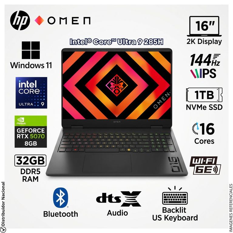 Laptop Gamer OMEN 16" 2K WUXGA IPS Intel® Core™ Ultra 9 285H RTX™ 5070 32GB RAM 1TB SSD 16-AN0075CL