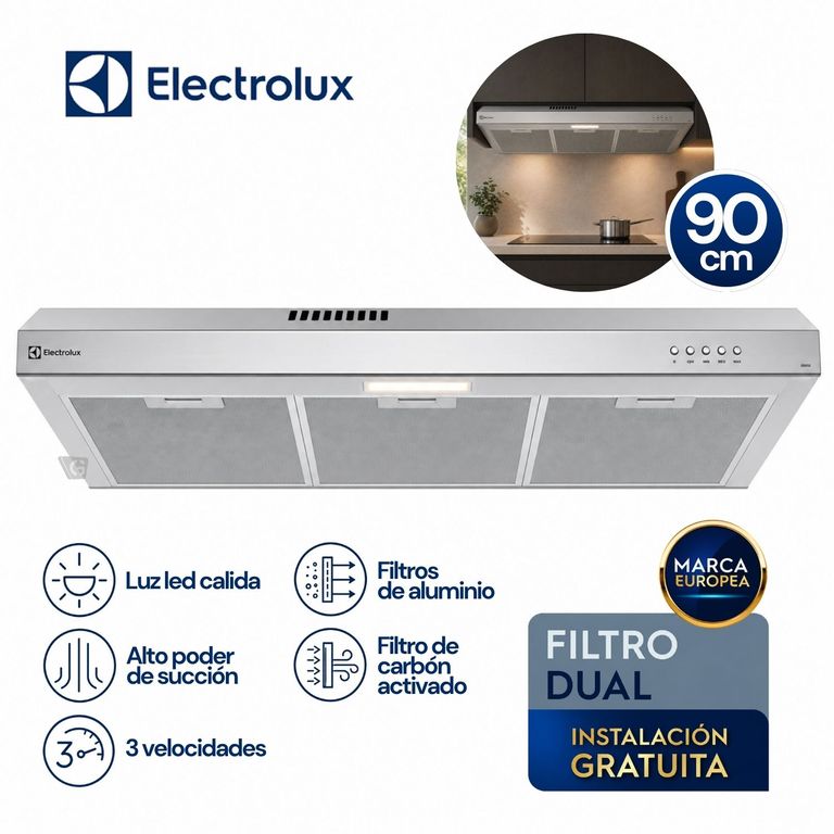 Campana Extractora 90cm Alto Poder de Succión e iluminación LED Inox DE9SS