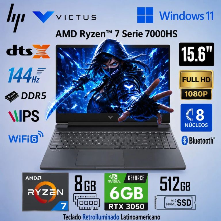 Laptop Victus 15-FB3018LA AMD Ryzen 7 7445H 8GB RAM 512GB SSD RTX 3050-6GB 15.6" FHD - 144Hz