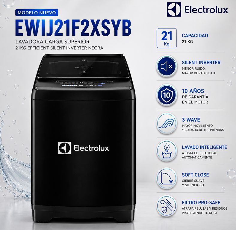 Lavadora Carga Superior 21kg Efficient Silent Inverter Negra - EWIJ21F2XSYB