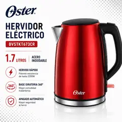 OSTER - Hervidor Eléctrico BVSTKT673CR 1.7 Litros Acero Inoxidable Rojo Base 360° Apagado Automático