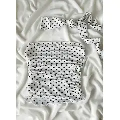 GENERICO - Top Strapless con Lazo al Cuello de Lunares Blanco y Negro