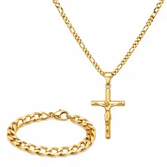 GENERICO - Juego de Collar con Crucifijo y Pulsera Cubana Dorada para Hombre Acero Inoxidable