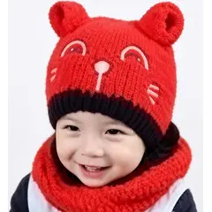 GENERICO - Conjunto Gorro y Cuellera Tejida para Bebé y Niño Diseño Gatito Cálido