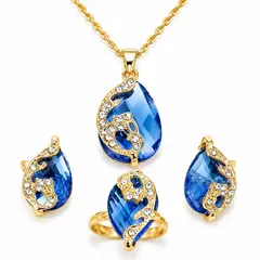 GENERICO - Collar para Mujer Set Aretes y Anillo Dorado Piedra Azul Forma de Gota