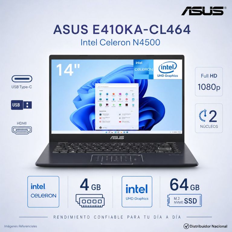 Laptop Notebook 14 FHD Intel® Celeron® N4500 4GB RAM 64GB SSD - E410KA-CL464