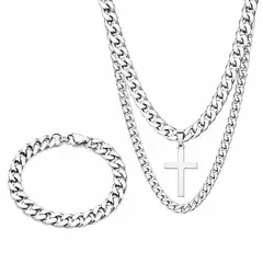 GENERICO - Juego de Collar Doble con Cruz y Pulsera Cubana Plateada para Hombre Acero Inoxidable