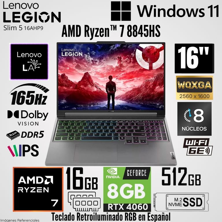 Laptop Legion Slim 16AHP9 AMD Ryzen 7 8845HS 16GB RAM 512GB SSD RTX4060-8GB 16" WQXGA 165 Hz