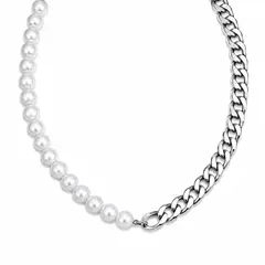 GENERICO - Collar Unisex de Perlas y Cadena Cubana Plateada Acero Inoxidable