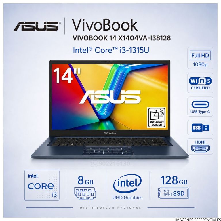 Laptop VIVOBOOK 14 X1404VA-V14 Intel® Core™ i3-1315U 8GB DDR4 128GB SSD 14" Full HD 60Hz