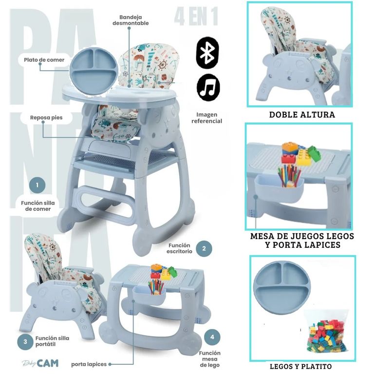 SILLA DE COMER PARA BEBE CARPETA SMART CON LEGO Y PLATO AZUL