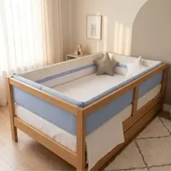 GENERICO - Protectores Parachoques de cama cuna Montessori 1.5 plazas -Celeste- Diseño Estrellita ploma