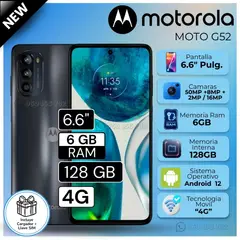 MOTOROLA - Celular Moto G52 6.6" Pulg. 8GB RAM 256GB Android 12 - Negro