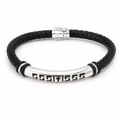 GENERAL - Pulsera Unisex Greca Cruz Plata 950 y Cuero Trenzado