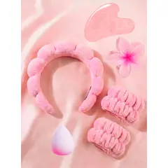 S/M - Set de vincha, muñequeras, gancho, esponja y gua sha para skin care