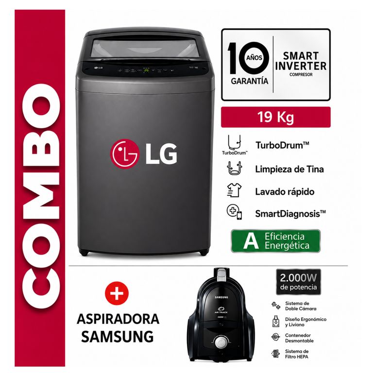 Lavadora 19 kg Turbodrum Carga Superior Wt19BVTB Negro + Aspiradora Samsuing