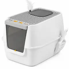 AMICATS - Arenero Grande Cerrado con Pala y Doble Ingreso para Gatos Baño Mascota - Gris