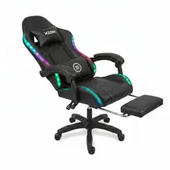 XION - Silla Gamer Raven Luces RGB, Conjin de Masaje Lumbar, Reposapiés y Reclinación 135° - Negro