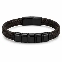 GENERICO - Pulsera Hombre Cuero Trenzado Acero Inoxidable 316L Negra Estilo Urbano
